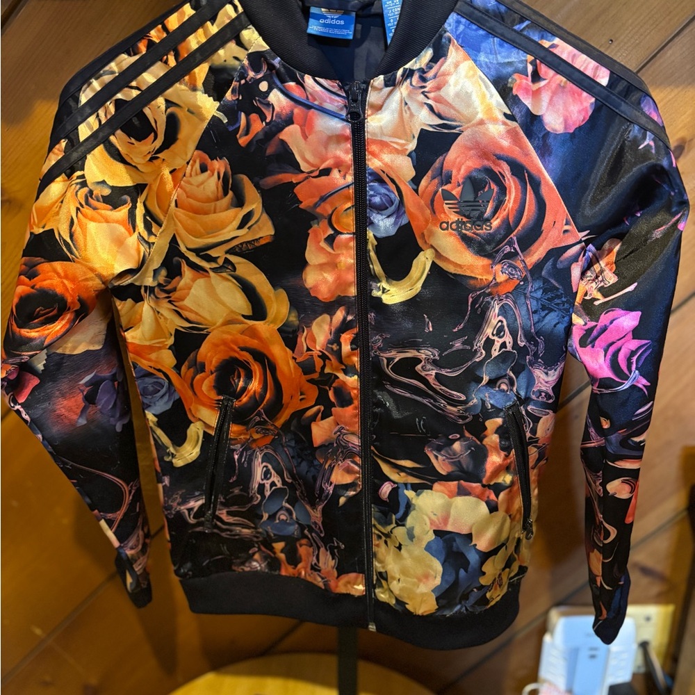 Adidas Girls Floral Bomber Jacket - Black and Orange